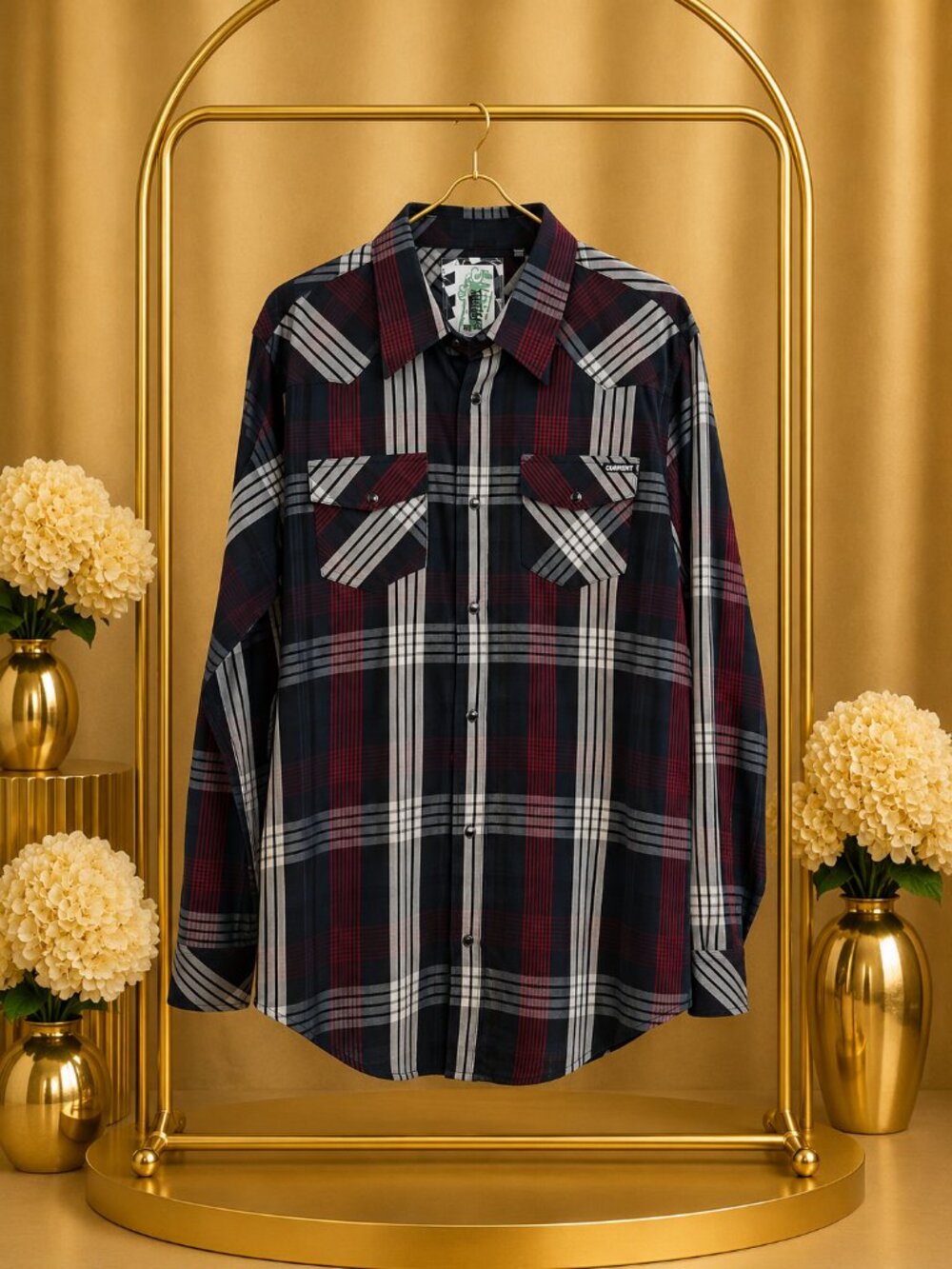 Plaid Pearl Snap Shirt Black Burgundy Men L Western Cowboy Urban Folk Festival